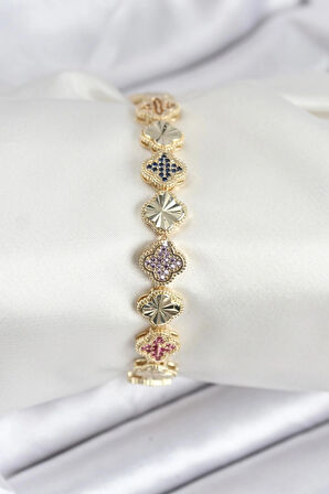 Dodes Dodes Pirinç VIP Seri Yonca Zirkon Taşlı Kadın Bileklik TG27BB7910