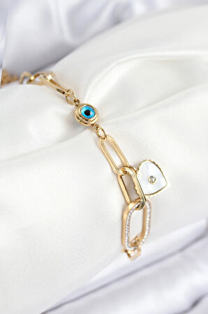 Dodes Dodes 316L Çelik Nazar Boncuğu Ve Zirkon Taşlı Kalp Model Gold Renk Kadın Bileklik TG27BB7837