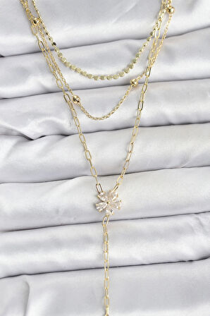 Dodes Dodes Pirinç Gold Renk Zirkon Taşlı Çiçek Model Detaylı 3'lü Kombin Y Kadın Kolye TG27BKO10697