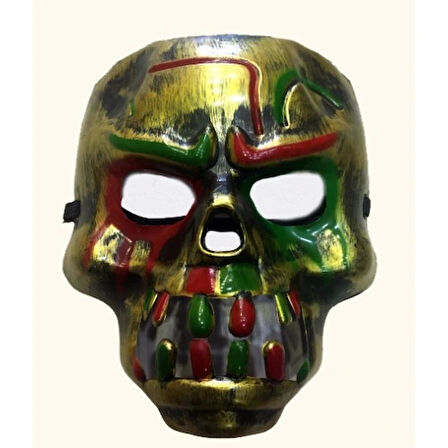 Dodes Kırmızı Kanlı Dişli Dracula Kafatası Maskesi Altın Renk