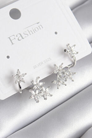 Dodes Dodes Pirinç Gümüş Renk Zirkon Taşlı Çiçek Tasarım Kadın Küpe TG27BKP8606