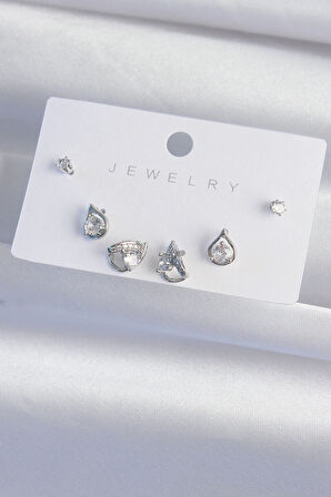 Dodes Dodes Pirinç Gümüş Renk Zirkon Taşlı Damla Model Küpe Seti TG27BKP9320