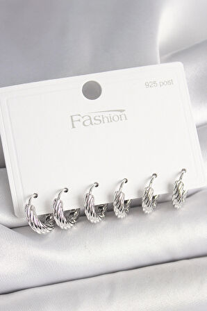 Dodes Dodes 925 Ayar Gümüş Çivi Pirinç Gümüş Renk İşlemeli Halka Model Kadın Küpe Seti TG27BKP10410