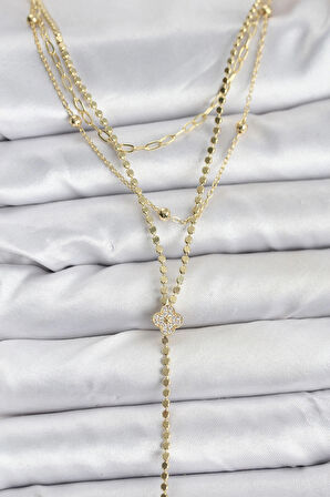 Dodes Dodes Pirinç Gold Renk Zirkon Taşlı Yonca Model Detaylı 3'lü Kombin Y Kadın Kolye TG27BKO10699