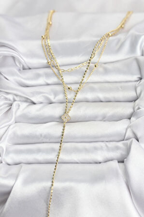 Dodes Dodes Pirinç Gold Renk Zirkon Taşlı Yonca Model Detaylı 3'lü Kombin Y Kadın Kolye TG27BKO10699