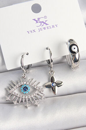 Dodes Dodes Pirinç Gümüş Renk Zirkon Taşlı Göz Model Nazar Boncuk Detay 3'Lü Kadın Kombin Küpe TG27BKP10440