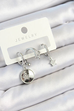 Dodes Dodes Pirinç Zirkon Taşlı Sallantılı Yıldız Model Gümüş Renk 3'lü Çift Kadın Küpe Set TG27BKP10792