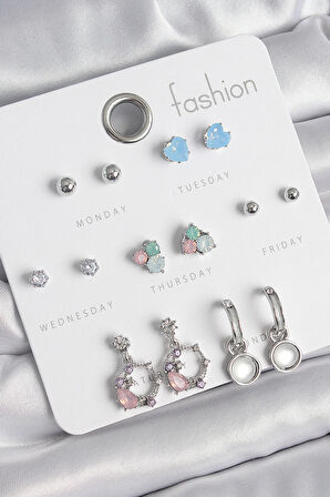 Dodes Dodes Pirinç Gümüş Renk Zirkon Taşlı Sallantı Halka Model Çiçek Detay 7 Çift Kadın Küpe Seti TG27BKP10545