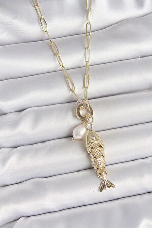 Dodes Dodes İnci Detaylı Zirkon Taşlı Balık Figürlü Gold Renk Pirinç Kolye TG27BKO10214