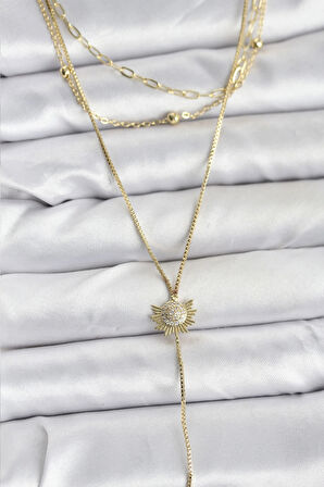 Dodes Dodes Pirinç Gold Renk Zirkon Taşlı Güneş Model Detaylı 3'lü Kombin Y Kadın Kolye TG27BKO10698