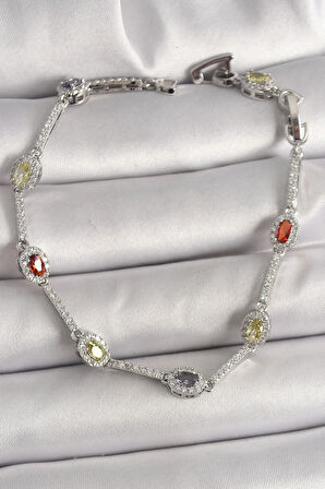 Dodes Dodes Pirinç Gümüş Renk Renkli Zirkon Taşlı Damla Taş Model Kadın Bileklik TG27BB6873