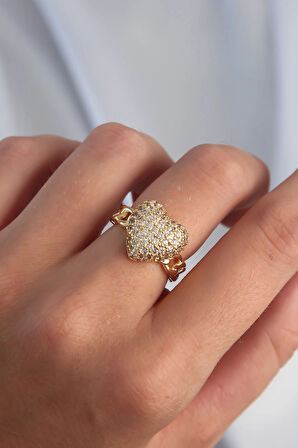 Dodes Dodes Pirinç Ayarlamalı Gold Renk Zirkon Taşlı Bombeli Kalp Yüzük TG27BYK3281