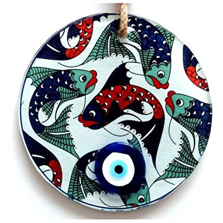 Dodes Balık Desenli Nazar Boncuklu Füzyon Cam Duvar Dekoru