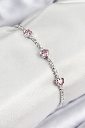 Dodes Dodes Pirinç Zirkon Taşlı Pembe Kalp Model Gümüş Renk Kadın Bileklik TG27BB7698