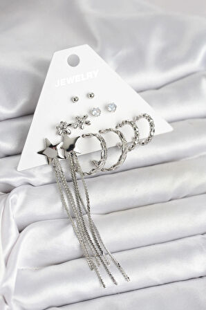 Dodes Dodes Gümüş Renk Pirinç 6 Çift Kadın Küpe Seti TG27BKP11338