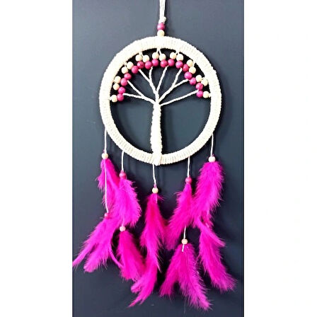 Dodes Fuşya Kuş Tüylü Hayat Ağacı Düş Kapanı Dream Catcher Duvar Süsü