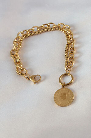 Dodes Dodes 316L Çelik Gold Renk 2'li Zincir Model Çeyrek Altınlı Kadın Bileklik TG27BB5452
