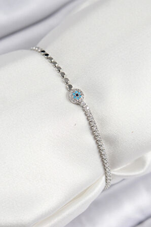 Dodes Dodes Pirinç Zirkon Taşlı Nazar Model Ezme Zincir Gümüş Renk Kadın Bileklik TG27BB7584