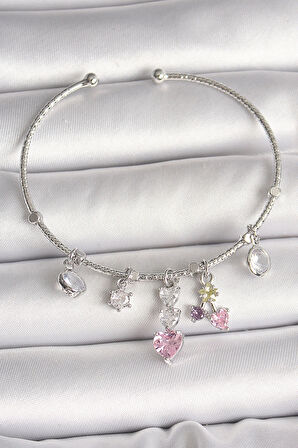 Dodes Dodes Pirinç Gümüş Renk Sallantı Zirkon Taşlı Kalp Figür Charm Kadın Bileklik TG27BB6910