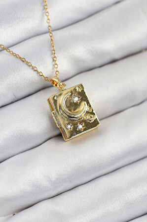 Dodes Dodes 316L Çelik Zirkon Taşlı Açılabilr Kapaklı Kitap Model Gold Renk Kadın Kolye TG27BKO10515