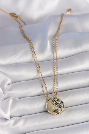 Dodes Dodes 316L Çelik Gold Renk Zincir Zirkon Taşlı Ying Yang Model Gün Batımı İşlemeli Arkadaşlık Kadın Kolye TG27BKO10029