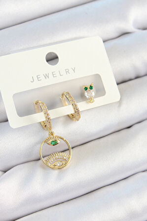 Dodes Dodes Pirinç Zirkon Taşlı Göz Ve Baykuş Model Gold Renk 3'lü Çift Kadın Küpe Set TG27BKP10831