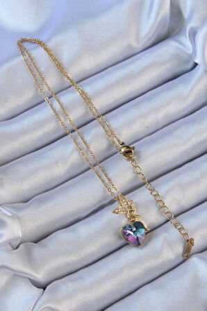 Dodes Dodes 316L Çelik Zincir Altın Renk Mor Mavi Renk Zirkon Taşlı Kalp Detay Peri Kolye TG27BKO9127