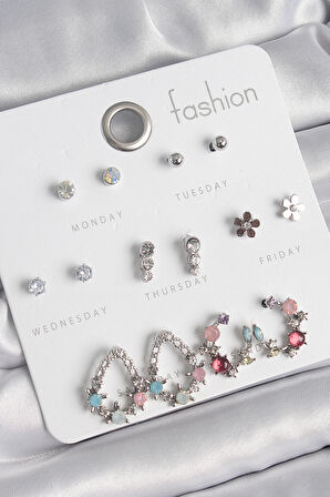 Dodes Dodes Pirinç Gümüş Renk Zirkon Taşlı Damla Model Çiçek Detay 7 Çift Kadın Küpe Seti TG27BKP10549