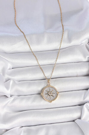 Dodes Dodes 316L Çelik Gold Renk Zirkon Taşlı Pusula Model Kadın Kolye TG27BKO10093