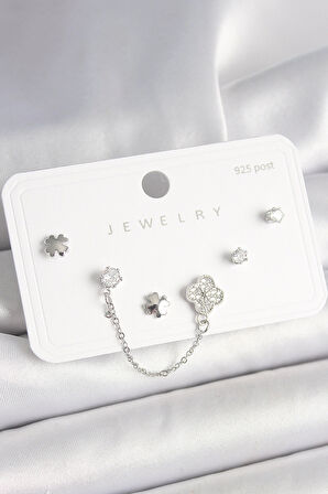 Dodes Dodes 925 Ayar Gümüş Çivi Pirinç Gümüş Renk Zirkon Taşlı Yonca Model Sallantı Zincir Detay Kadın Küpe Seti TG27BKP10400