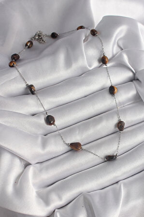 Dodes Dodes 316L Çelik Gümüş Renk Zincir Kahverengi Doğaltaş Model Kadın Kolye TG27BKO9662