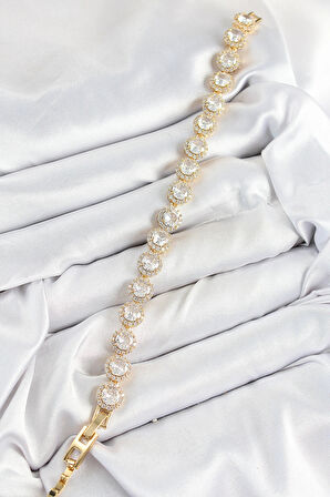 Dodes Dodes Pirinç Zirkon Taşlı Daire Baget Model Gold Renk VIP Seri Kadın Bileklik TG27BB7514