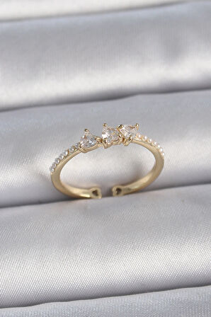 Dodes Dodes Pirinç Gold Renk Zirkon Taşlı Kalp İnci Detaylı Ayarlanabilir Model Kadın Yüzük TG27BYK3362