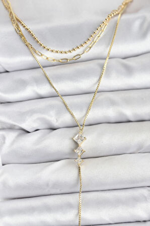 Dodes Dodes Pirinç Gold Renk Zirkon Taş Detaylı 3'lü Kombin Y Kadın Kolye TG27BKO10691