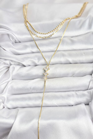 Dodes Dodes Pirinç Gold Renk Zirkon Taş Detaylı 3'lü Kombin Y Kadın Kolye TG27BKO10691