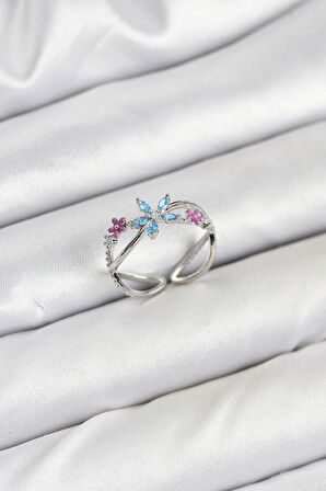 Dodes Dodes Pirinç Gümüş Renk Zirkon Taşlı Mavi Çiçekli Kadın Yüzük TG27BYK3835