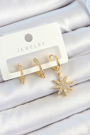 Dodes Dodes Pirinç Zirkon Taşlı Kutup Yıldızı Model Gold Renk 3'lü Çift Kadın Küpe Set TG27BKP10820