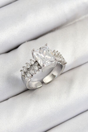 Dodes Dodes Pirinç  Büyük Zirkon Taşlı Model Gümüş Renk Kadın Yüzük TG27BYK3801