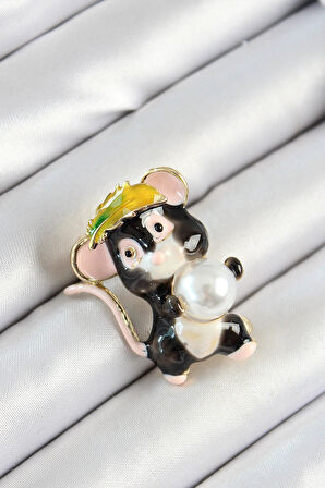 Dodes Dodes İnci Detaylı Siyah Ve Pembe 3D Sevimli Fare Figürlü Gold Renk Kadın Broş TG27BR437
