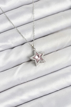 Dodes Dodes 316L Çelik Zincir Gümüş Renk Pembe Taşlı Yıldız Model Kadın Kolye TG27BKO10620