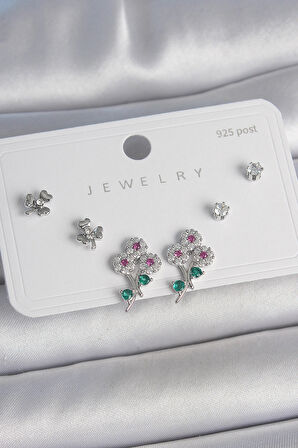 Dodes Dodes Pirinç Gümüş Renk Renkli Zirkon Taşlı Çiçek Model Yaprak Detay 925 Ayar Gümüş Çivi Kadın Küpe Seti TG27BKP10487