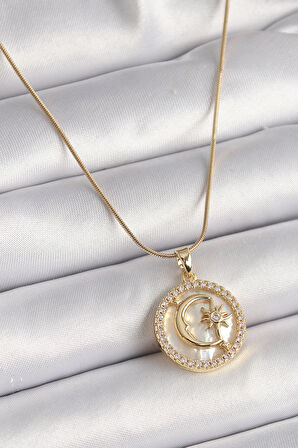 Dodes Dodes 316L Çelik Gold Renk Zincir Zirkon Taş Detaylı Beyaz Sedefli Ay Yıldız Model Kadın Kolye TG27BKO9638