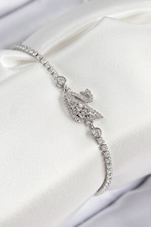 Dodes Dodes Pirinç Zirkon Taşlı Kuğu Model Gümüş Renk Kadın Bileklik TG27BB7890