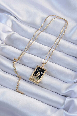 Dodes Dodes 316L Çelik Zincir Altın Renk Zirkon Taşlı Siyah Mineli Kız Figürlü Tarot Kolye TG27BKO9227