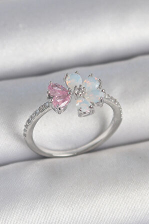 Dodes Dodes Pirinç Gümüş Renk Beyaz Mineli Pembe Zirkon Taşlı Çiçek Model Kadın Yüzük TG27BYK3708