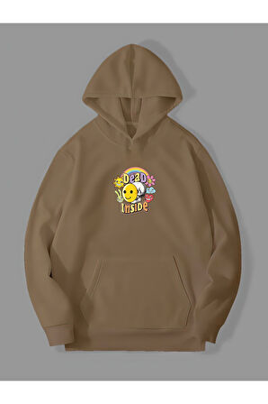 Üç İplik Dead Inside Baskılı Unisex Kemik Kanguru Cepli Kapüşonlu Sweatshirt Hoodie | L