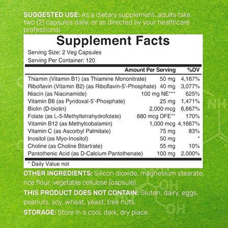 Deal Supplement Bioactive Vitamin B Complex Immune Choline İnositol Folate Energy 240 Veggie Caps