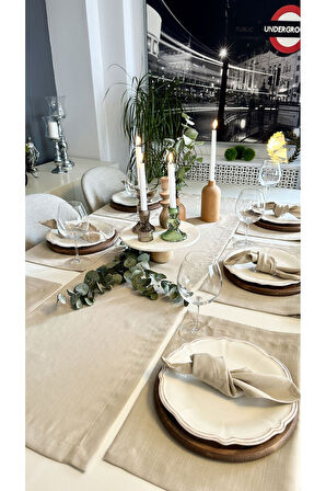 Keten Dokulu Dertsiz Bej Amerikan Servis Ve Runner Set 6+1