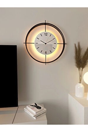 Çiftçember - Siyah- Beyaz Göbek - Büyük Boy (55X55CM) - Pilli Led - Metal Duvar Saati