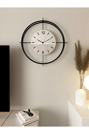 Çiftçember - Siyah- Beyaz Göbek - Büyük Boy (55X55CM) - Pilli Led - Metal Duvar Saati